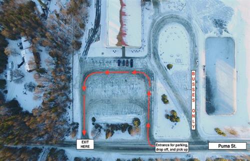 Entrance/Exit for parking, drop off, and pick up. 